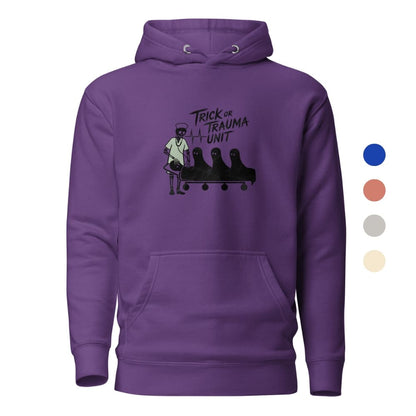 Purple hoodie with 'Trick or Trauma Unit' graphic on a white background