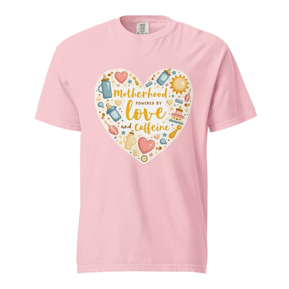 Pink t-shirt with a colorful heart design and text on a white background