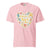 Pink t-shirt with a colorful heart design and text on a white background