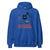 Blue hoodie with a ghost holding a carrot, apple, and crayon graphic with text 'You can't scare me I'm a teacher'.