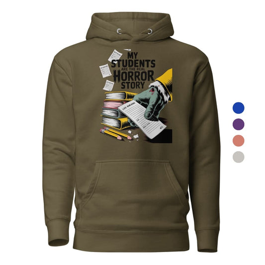 Brown hoodie with graphic design and text on a white background