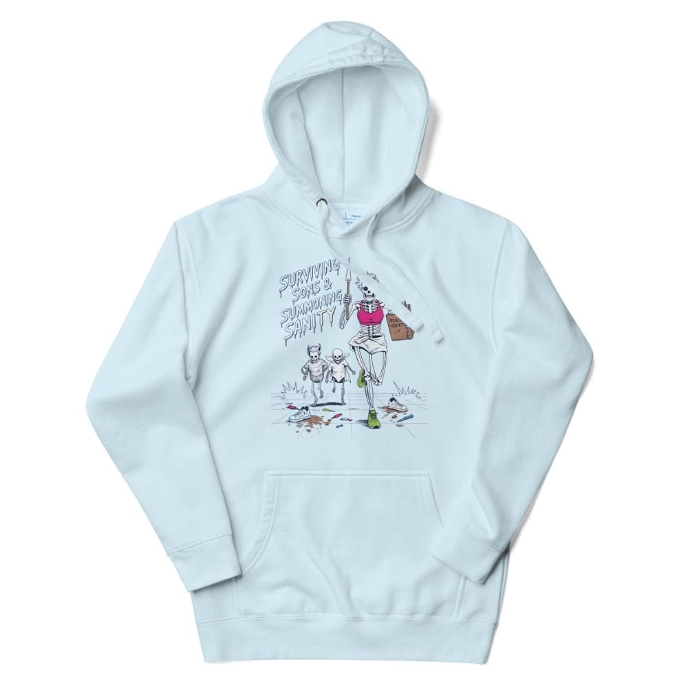 Light blue hoodie with graphic design on a white background