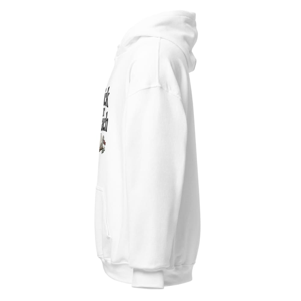White hoodie with black text on a white background