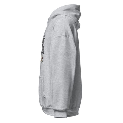 Gray hoodie with a brand logo on the sleeve against a white background