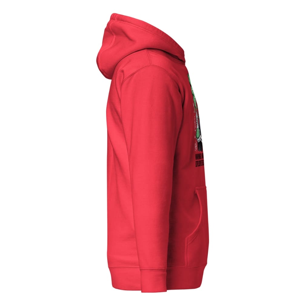 Red hoodie with a patch on the sleeve against a white background