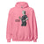 Pink hoodie with a graphic of a person holding a coffee cup and text 'Coffee first. Chart later.' on a white background.