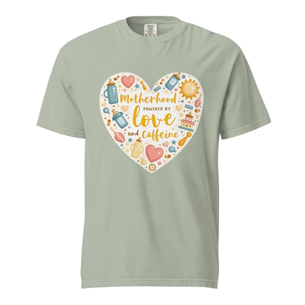 Sage green t-shirt with a colorful heart design and text on a white background