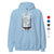 Light blue hoodie with a graphic design on the chest against a white background