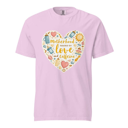 Pink t-shirt with a colorful heart design and text on a white background