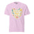 Pink t-shirt with a colorful heart design and text on a white background