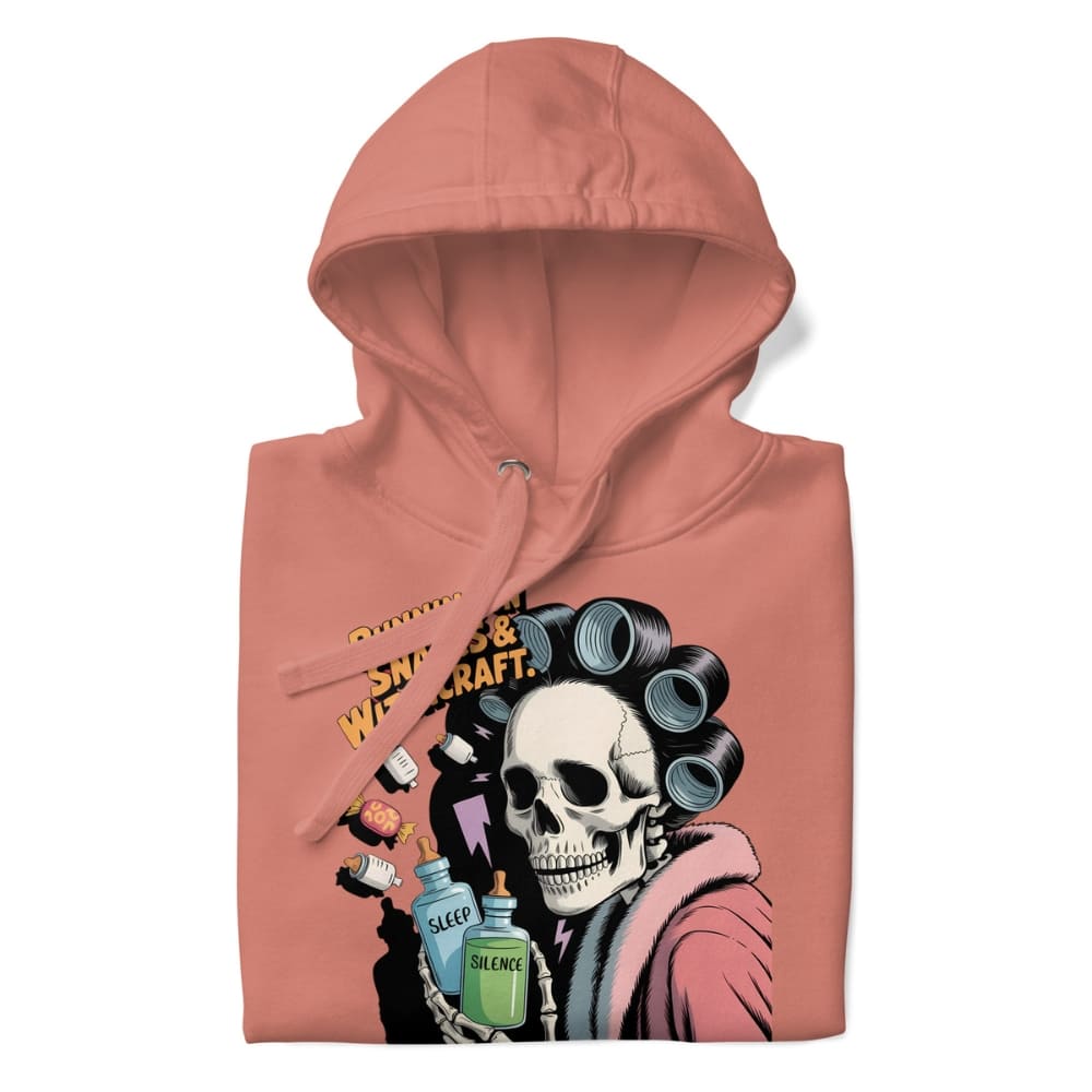Pink hoodie with a skull and curlers design on a white background