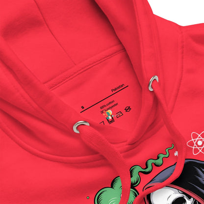 Close-up of a red hoodie with a brand logo on a white background