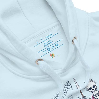 Close-up of a white garment with a label and skeleton design on a white background