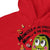 Red hoodie with Halloween-themed design featuring a monster and text.
