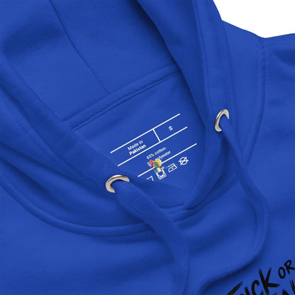 Close-up of a blue hoodie with a label on the chest.