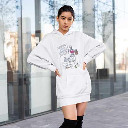 Person wearing a white hoodie with graphic design outdoors