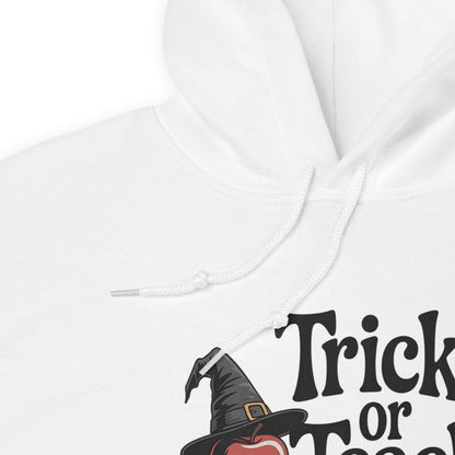 White hoodie with a witch hat and 'Trick or Treat' text on a white background