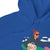 Blue hoodie with a graphic of a woman holding a surfboard and a bag on a white background