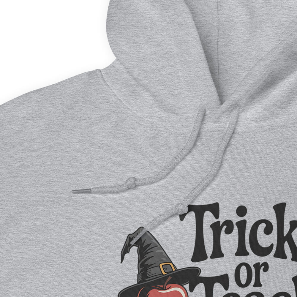 Gray hoodie with 'Trick or Treat' and witch hat design on a white background