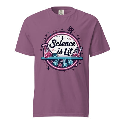 Purple t-shirt with 'Science is Lit' graphic design on a white background
