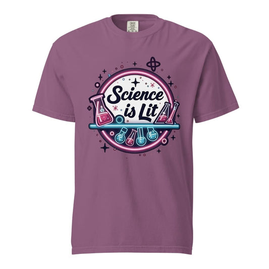 Purple t-shirt with 'Science is Lit' graphic design on a white background