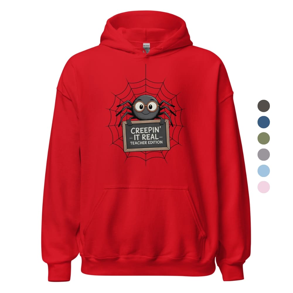 Red hoodie with spider graphic and text on a white background