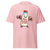 Pink t-shirt with a cartoon milk bottle character lifting weights and text 'Mom Strength Unmatched' on a white background.