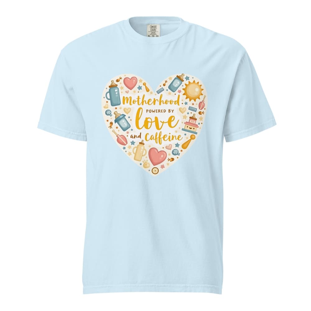 Light blue t-shirt with a colorful heart design and text on a white background