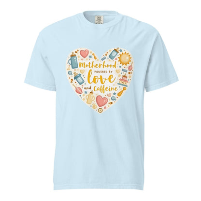 Light blue t-shirt with a colorful heart design and text on a white background