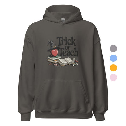 Dark gray hoodie with 'Trick or Teach' design featuring an apple, books, and a witch hat on a white background.