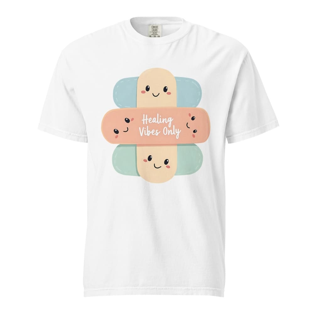 White t-shirt with colorful bandage graphic and 'Healing Vibes Only' text on a white background