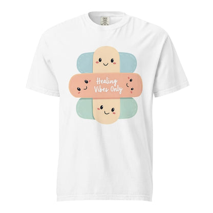 White t-shirt with colorful bandage graphic and 'Healing Vibes Only' text on a white background