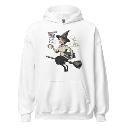 White hoodie with a cartoon witch design on a white background