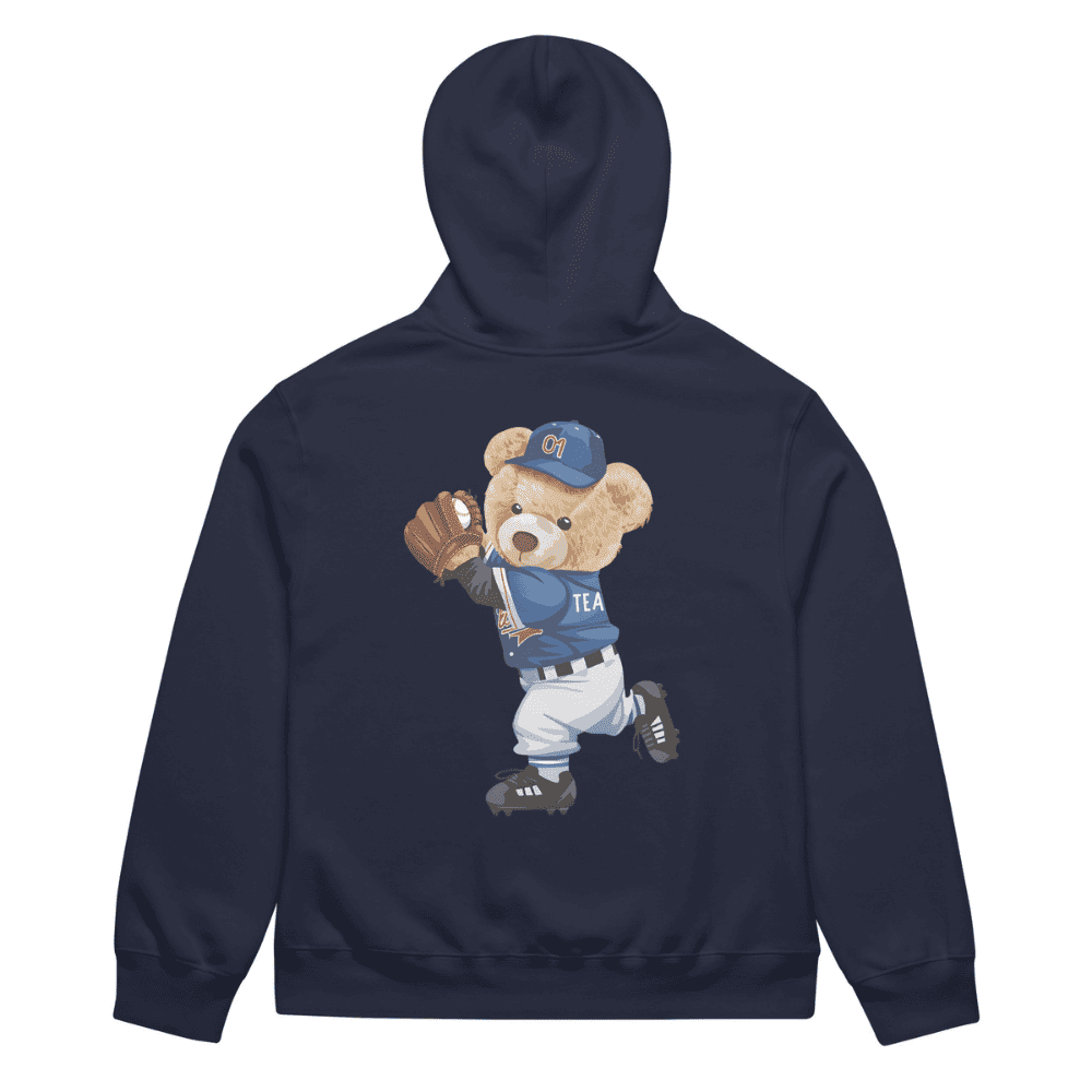 Navy blue hoodie with a bear graphic in a baseball uniform on a white background