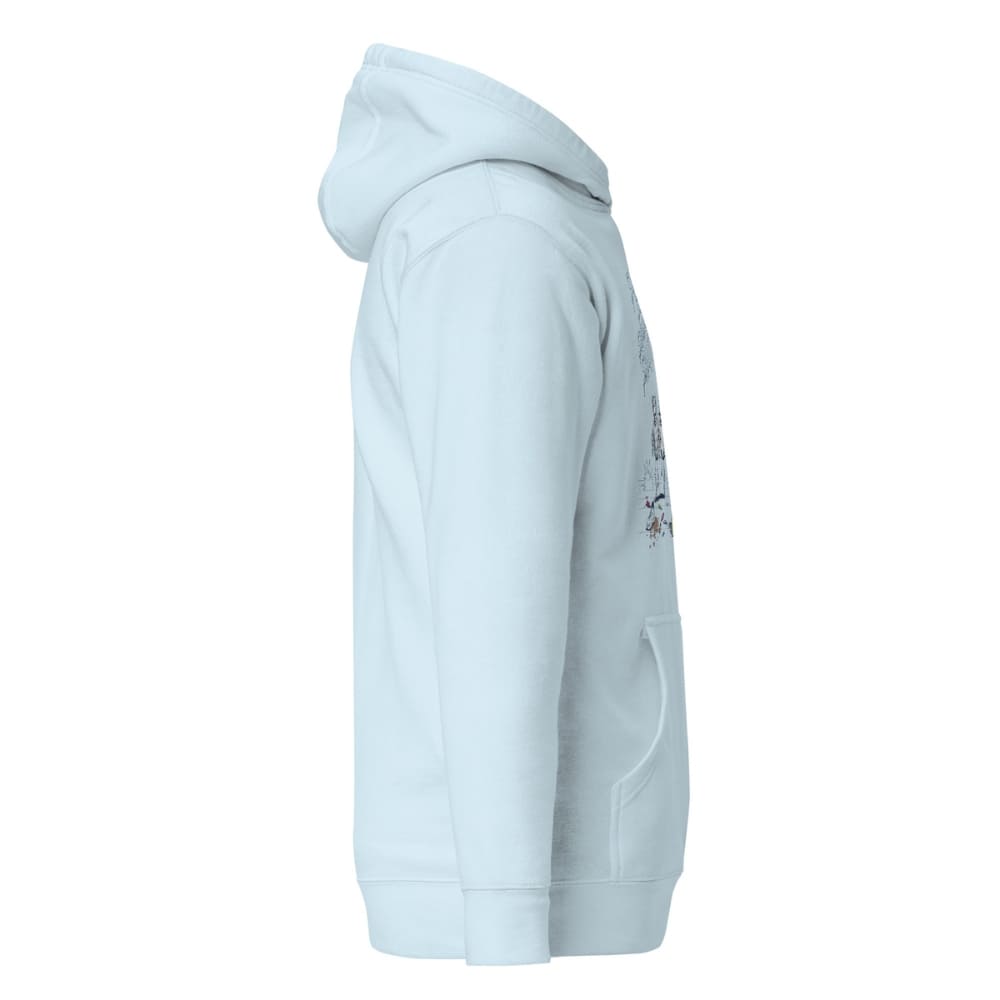 Light blue hoodie with a small graphic on the sleeve against a white background