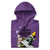 Purple hoodie with graphic design and text on a white background