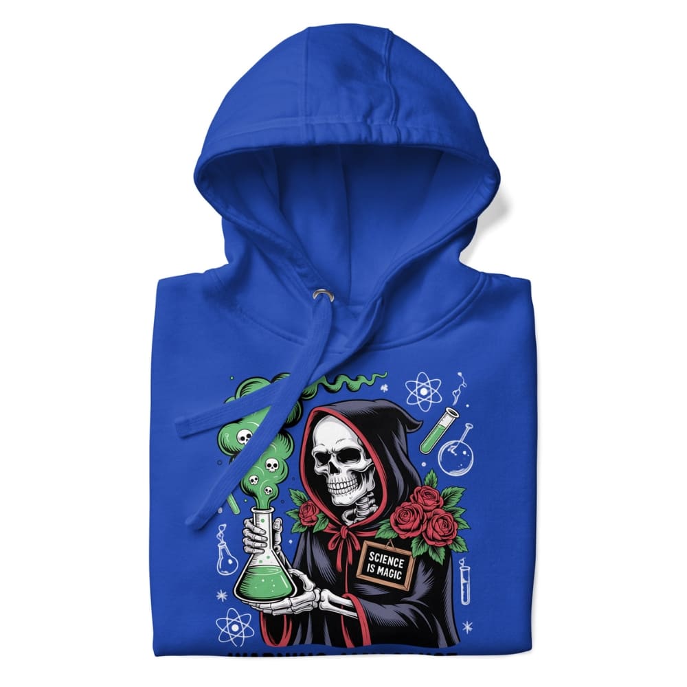 Blue hoodie with a skeleton holding a beaker and text 'Science is Magic' on a white background