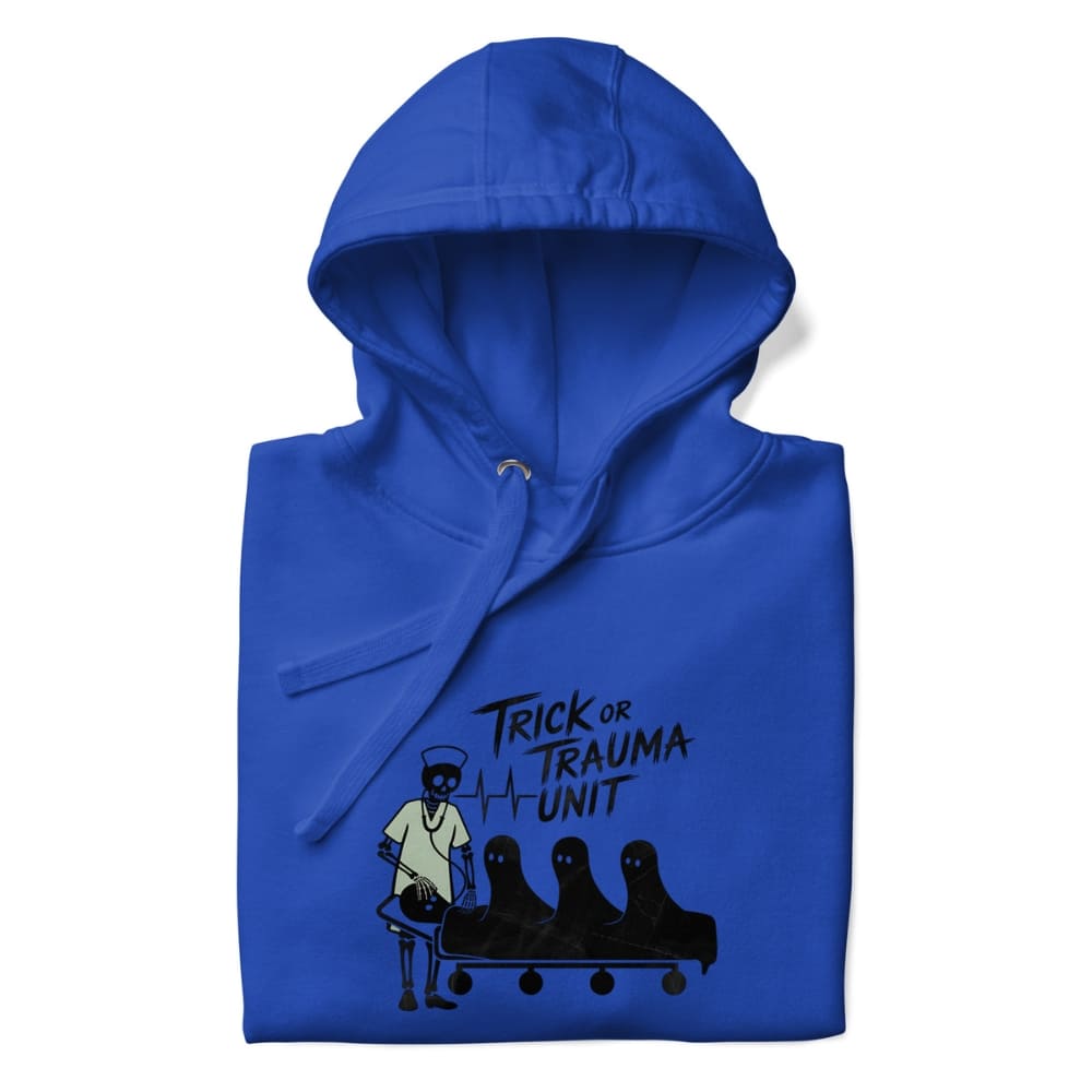 Blue hoodie with 'Trick or Trauma Unit' graphic on a white background