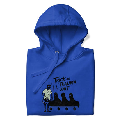Blue hoodie with 'Trick or Trauma Unit' graphic on a white background