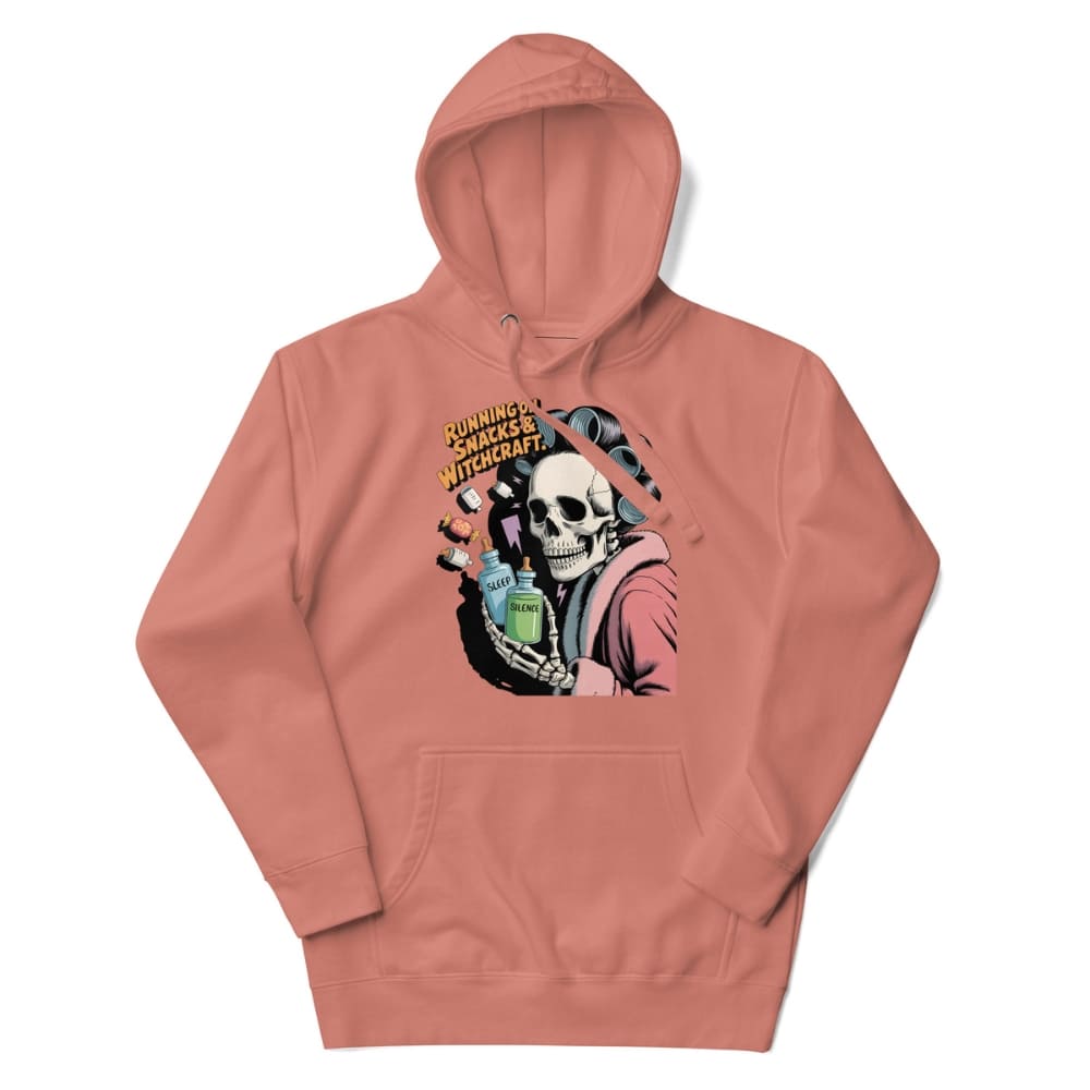 Pink hoodie with a graphic design of a skeleton and text on a white background
