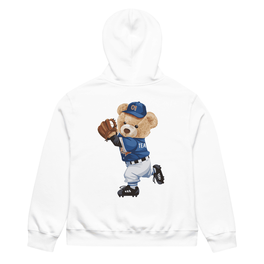 White hoodie with a teddy bear in a baseball uniform on a white background