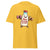 Yellow t-shirt with a cartoon milk bottle character holding dumbbells and 'Mom Strength Unmatched' text on a white background.