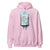 Pink hoodie with a graphic design on a white background