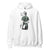 White hoodie with graphic design on the back on a white background