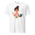 White t-shirt with a graphic of a woman holding a coffee cup and laptop, labeled 'Mom Mode Always On'.