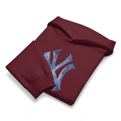 Folded maroon sweatshirt with a blue logo on a white background