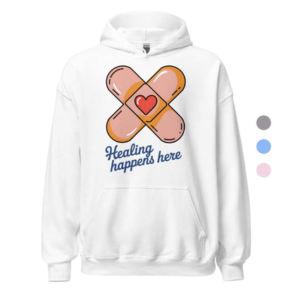 White hoodie with bandaid and heart design on a white background