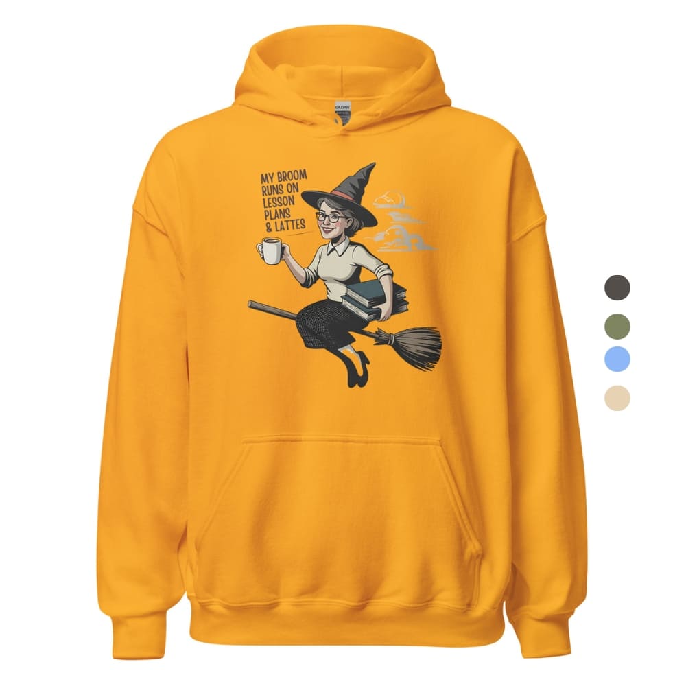 Yellow hoodie with a graphic of a witch on a broom and text on a white background