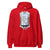 Red hoodie with a graphic design on the chest against a white background