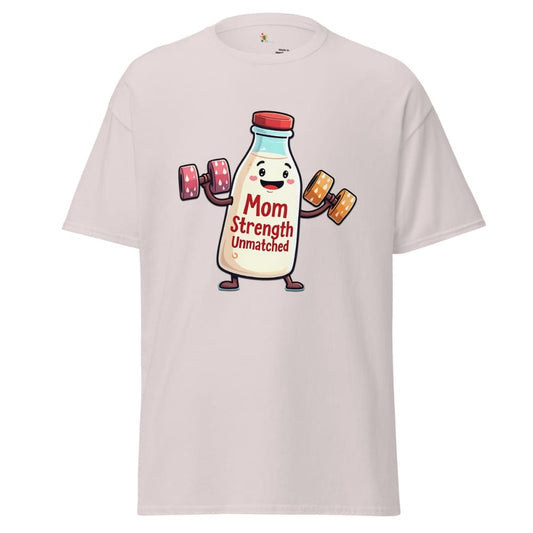 T-shirt with a cartoon milk bottle character lifting weights and 'Mom Strength Unmatched' text on a light pink background.